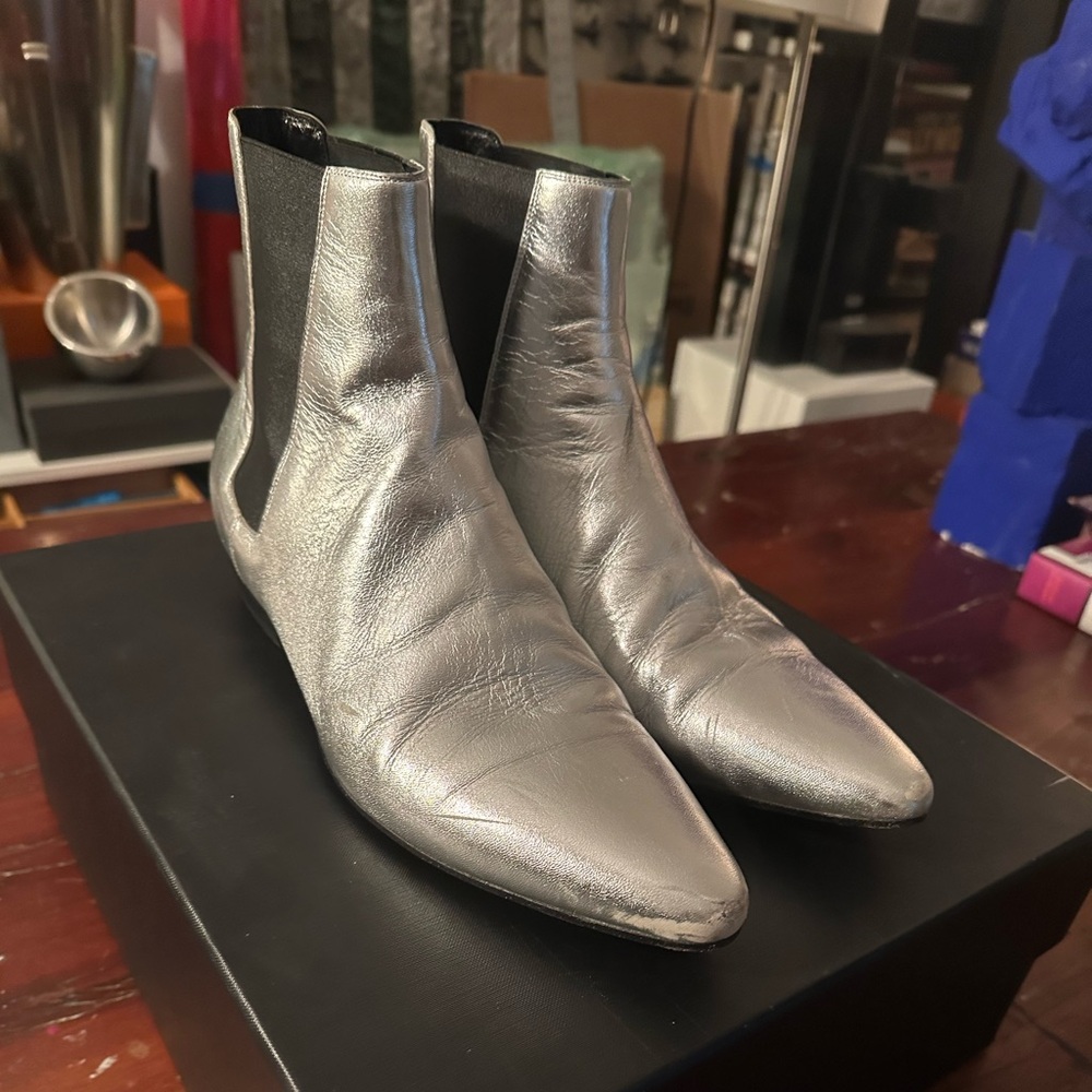 SAINT LAURENT  Metallic Silver Booties Men’s 42